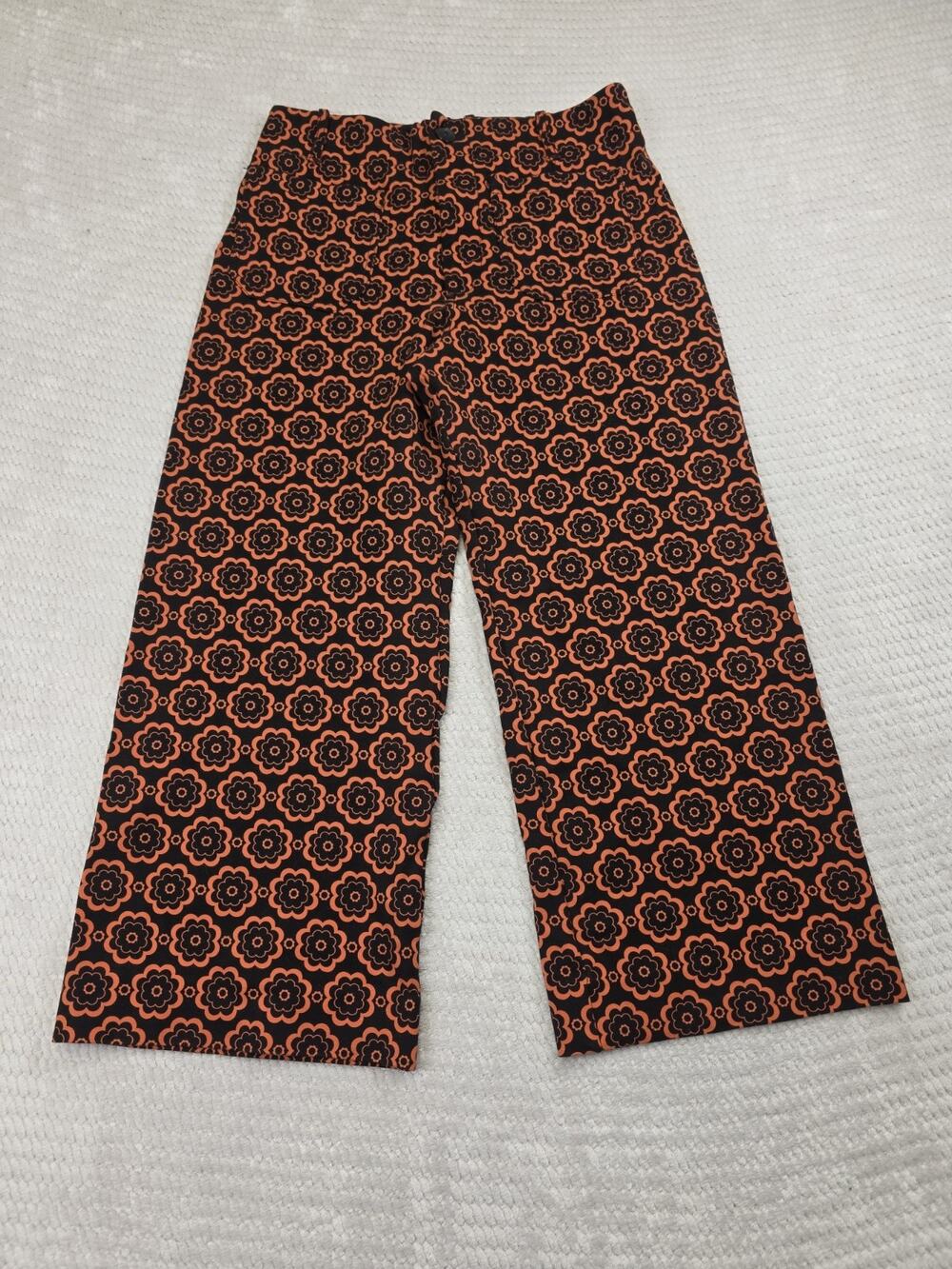 Anthropologie Maeve Pants Womens 31 The Colette Wideleg Pants Black Orange Motif